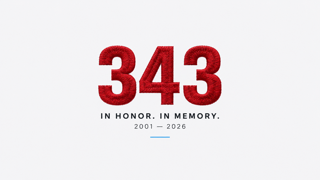 ed embroidered “343” above “In honor. In memory. 2001–2026” on a light grey background.