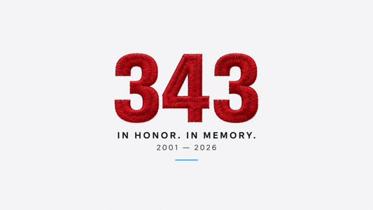 ed embroidered “343” above “In honor. In memory. 2001–2026” on a light grey background.