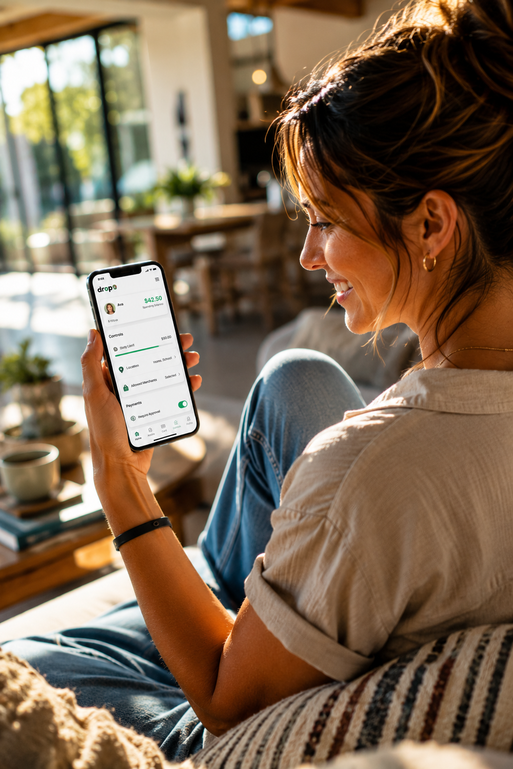 The Drop app showing family balances next to the Drop Band